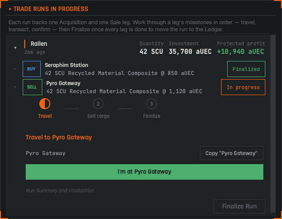 ALICE trade-run tracker overlay showing a Railen hauling Recycled Material Composite from Seraphim Station to Pyro Gateway — 42 SCU, 35,700 aUEC invested, +10,940 aUEC projected profit, currently in transit on the sell leg.